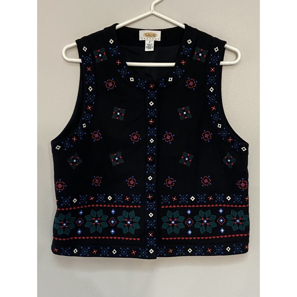 Talbots Womens Black Embroidered Lined Snowflake Vest Small Petite Wool Blend